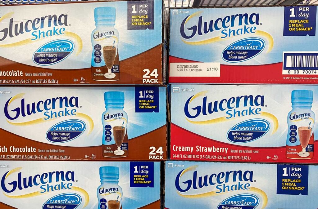 Close up of Glucerna shakes packaging at a supermarket.