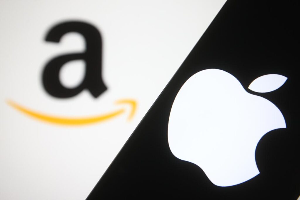 Close up of Apple and Amazon logo - class action
