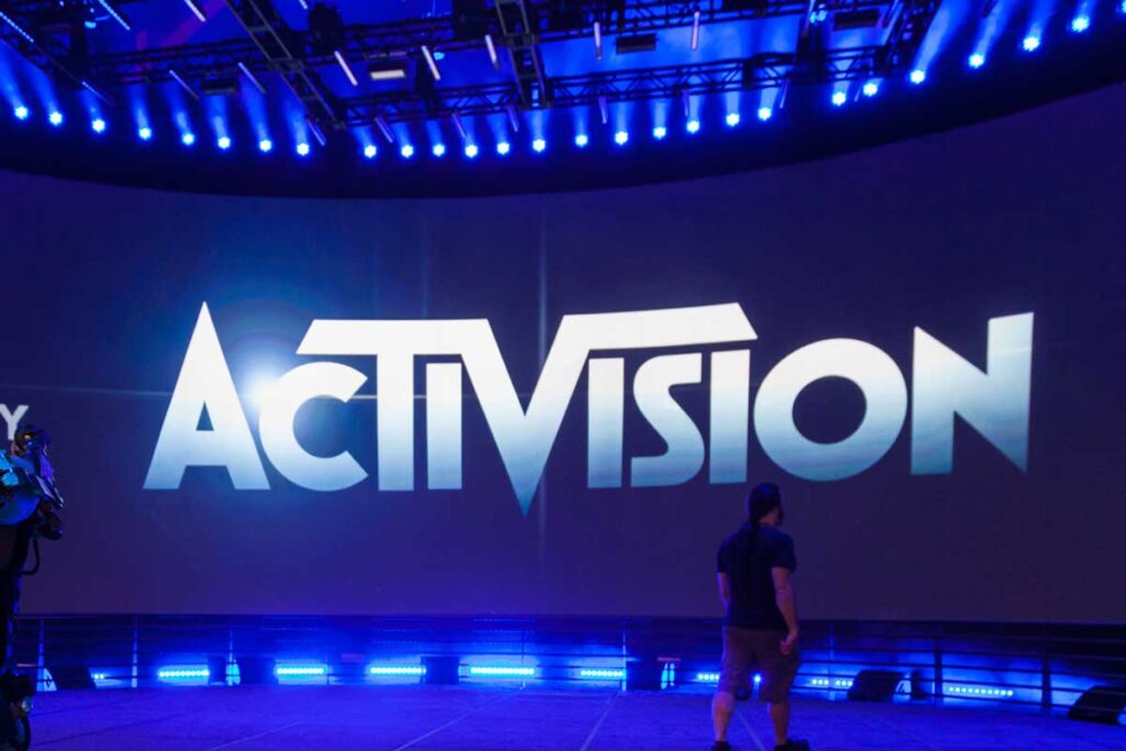 Activision logo at a video game expo.