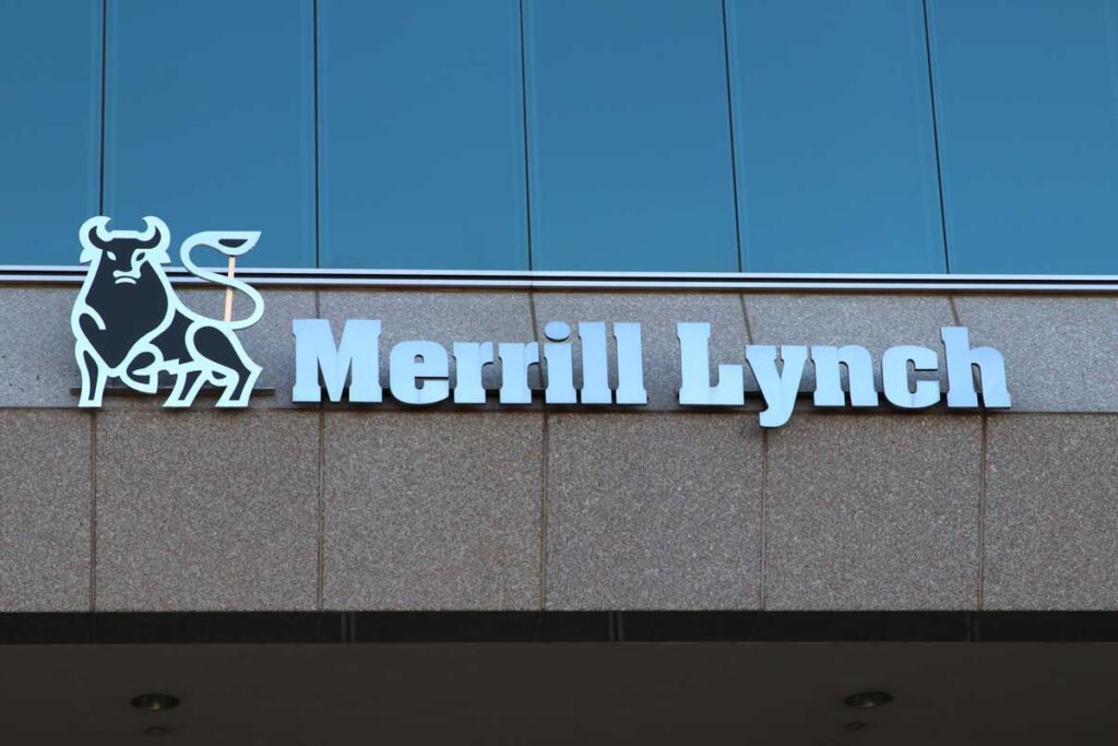 Close up of Merrill Lynch signage on exterior of building, representing the Merrill employee misclassification lawsuit settlement.