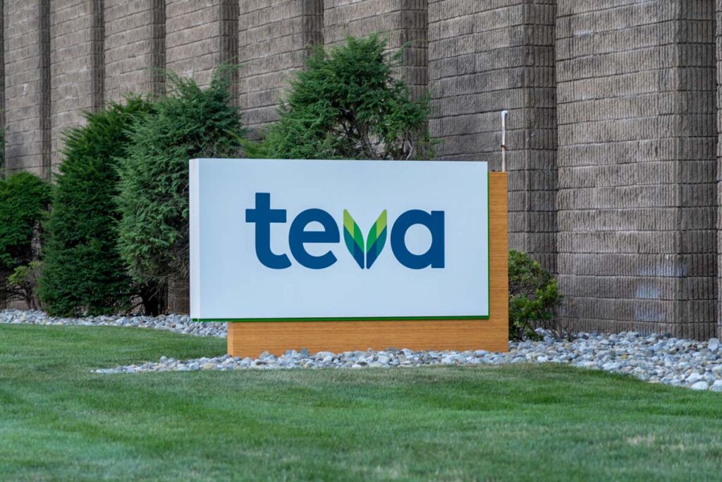 Teva logo at its USA headquarters building in Parsippany, NJ, USA.