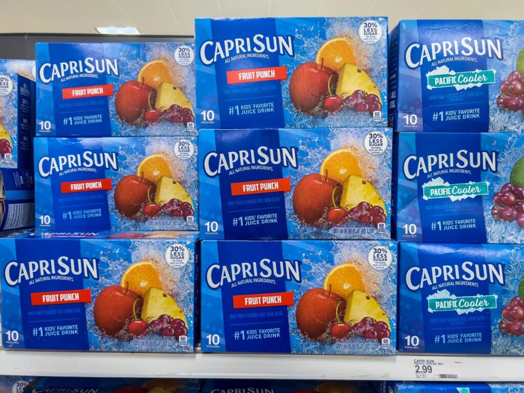 Close up, selective focus on Capri Sun kids drinks for sale inside a Target retail store.