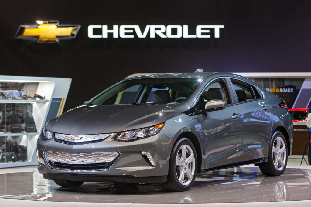 The 2017 Chevy Volt on display at an auto show.