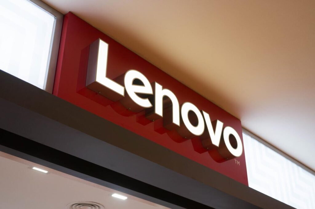 Close up of Lenovo signage. 