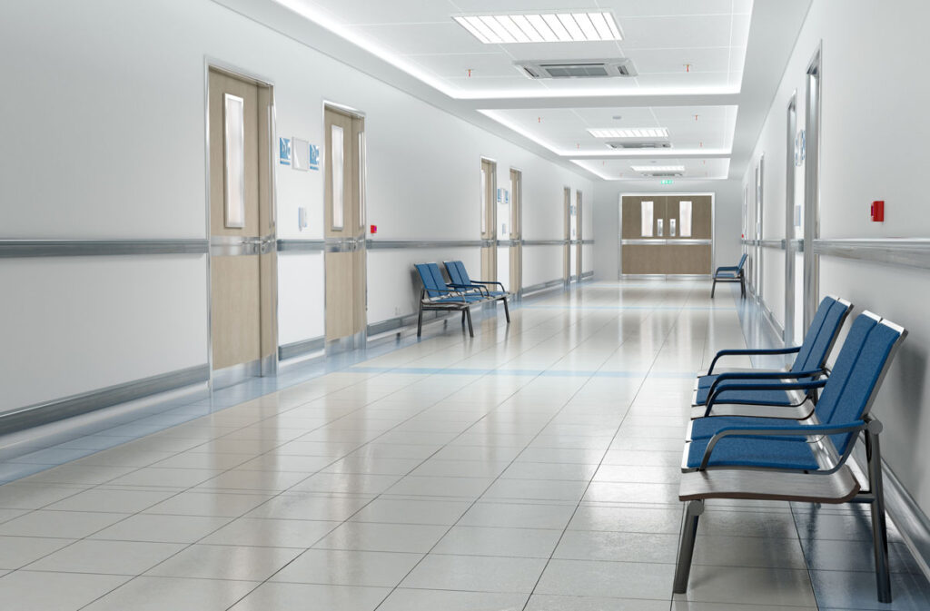 Interior of an empty hospital corridor, representing the Sturdy Memorial Hospital data breach settlement.