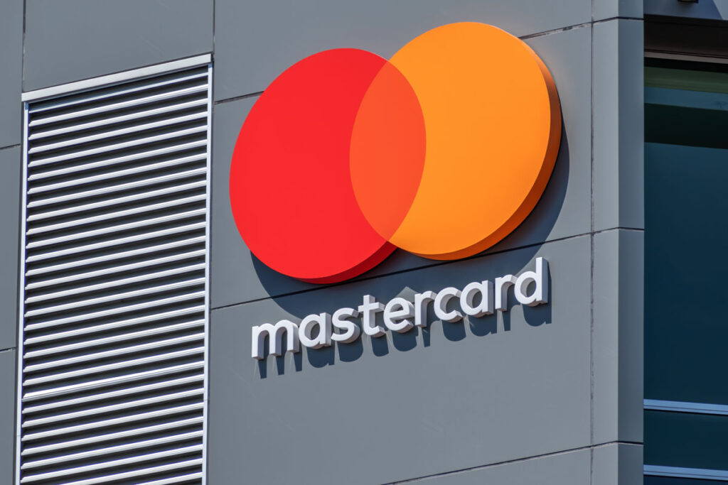 View of Mastercard signage on the side of a building.