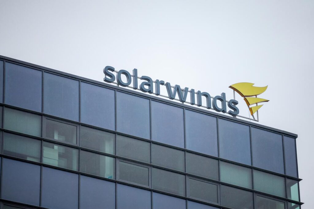 Solarwinds signage on top of an office building.