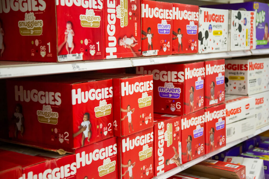 A view of several cases of Huggies brand diapers on display at a local department store.