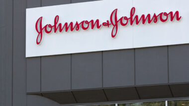 Close up of Johnson & Johnson signage on exterior of a building.