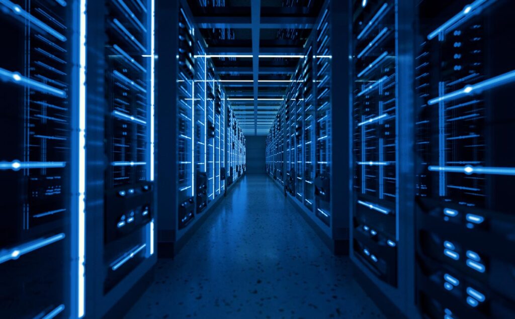 Server racks in computer network security server room, representing the Ambry Genetics data breach settlement.