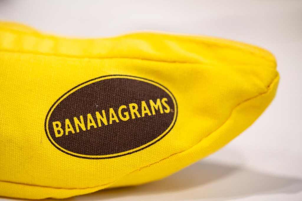 Close up of the Bananagrams word game case and logo.