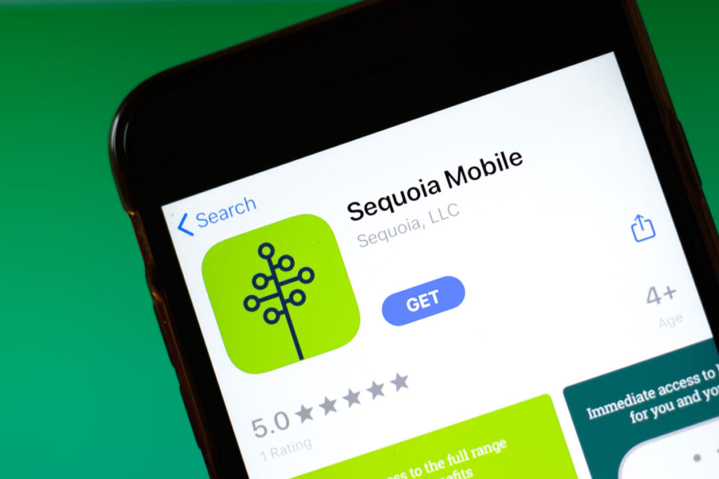 Close up of Sequoia mobile app displayed on a smartphone screen.