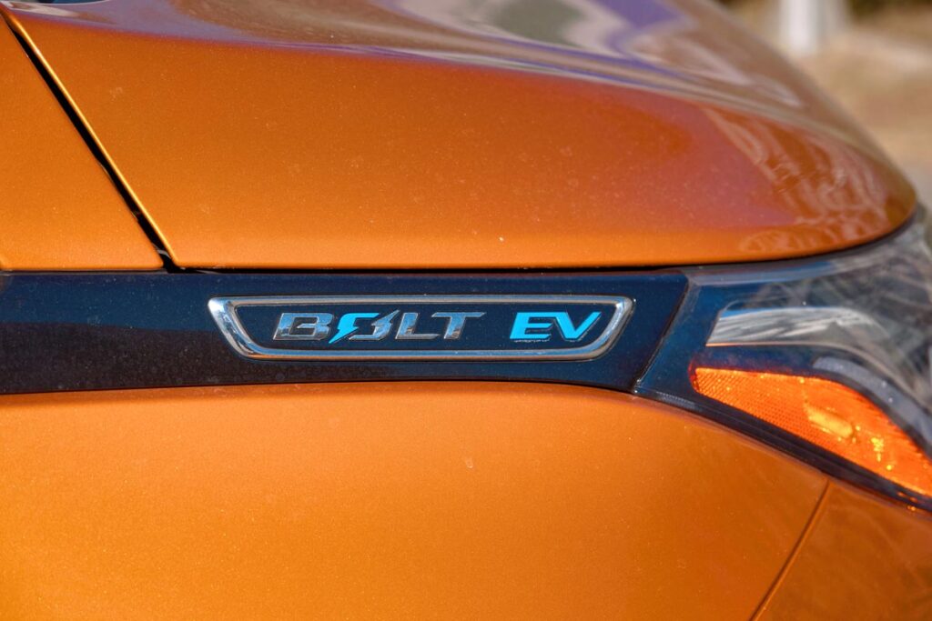Close up of a Chevy Bolt emblem.