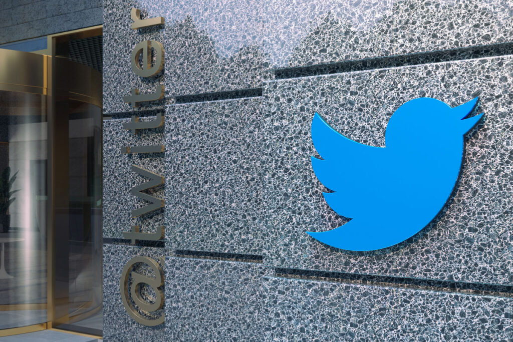 Twitter logo on the facade of the headquarter office.