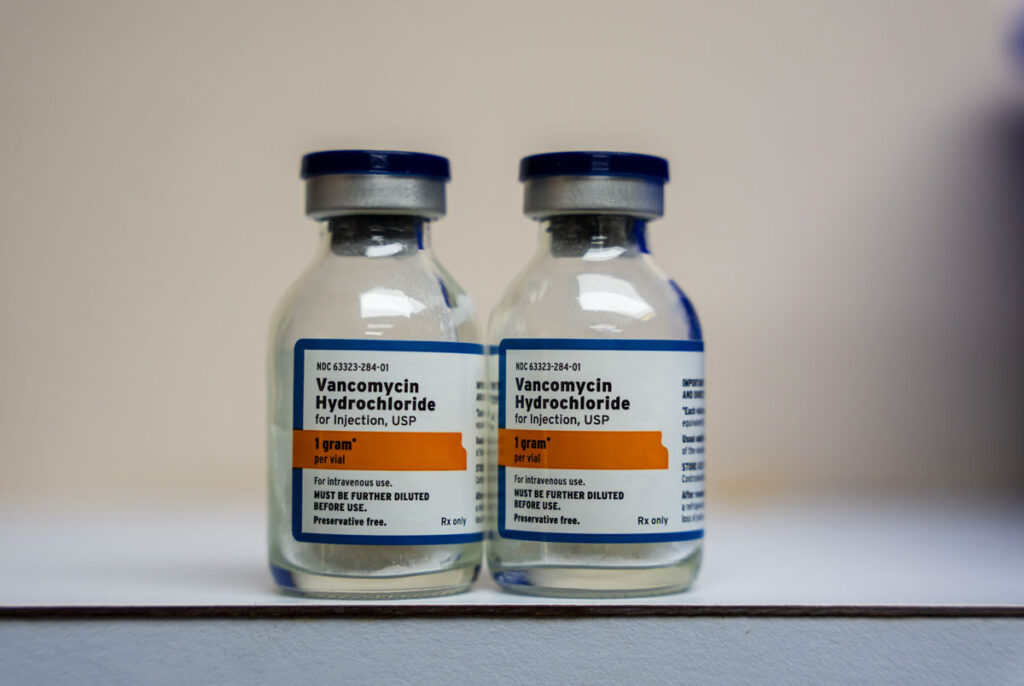 A closeup shot of Vancomycin vials.