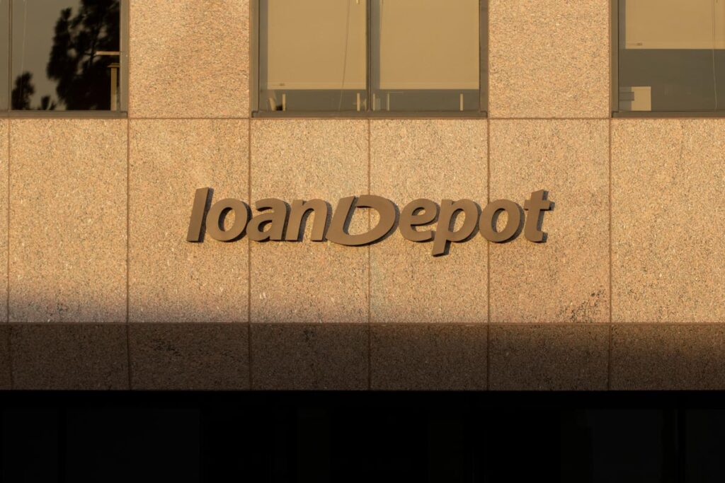 LoanDepot logo is seen at its office in Irvine, California.