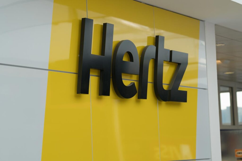 Hertz rental car office signboard, representing the Hertz recalled cars investigation