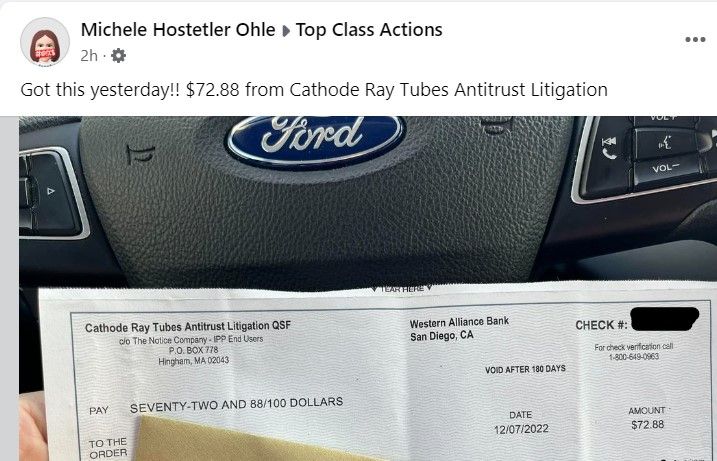 CRT Indirect Purchaser FB 1-4-23 class action settlement payments