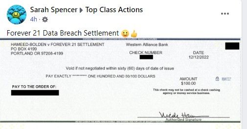 Forever 21 Data Breach FB 12-16-22 class action settlement payments