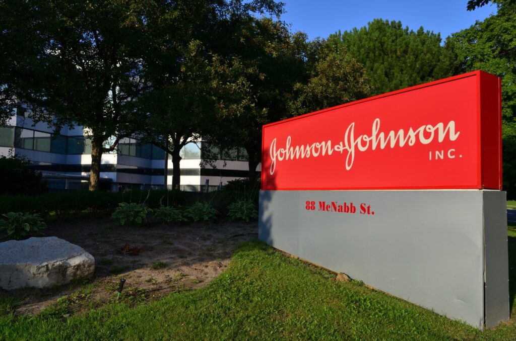 A Johnson & Johnson sign is seen outside an office building, representing the Johnson & Johnson bankruptcy