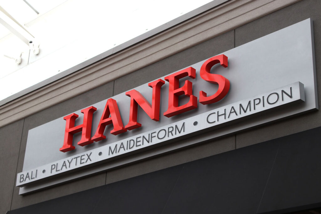 Close up of Hanes Brands signage.