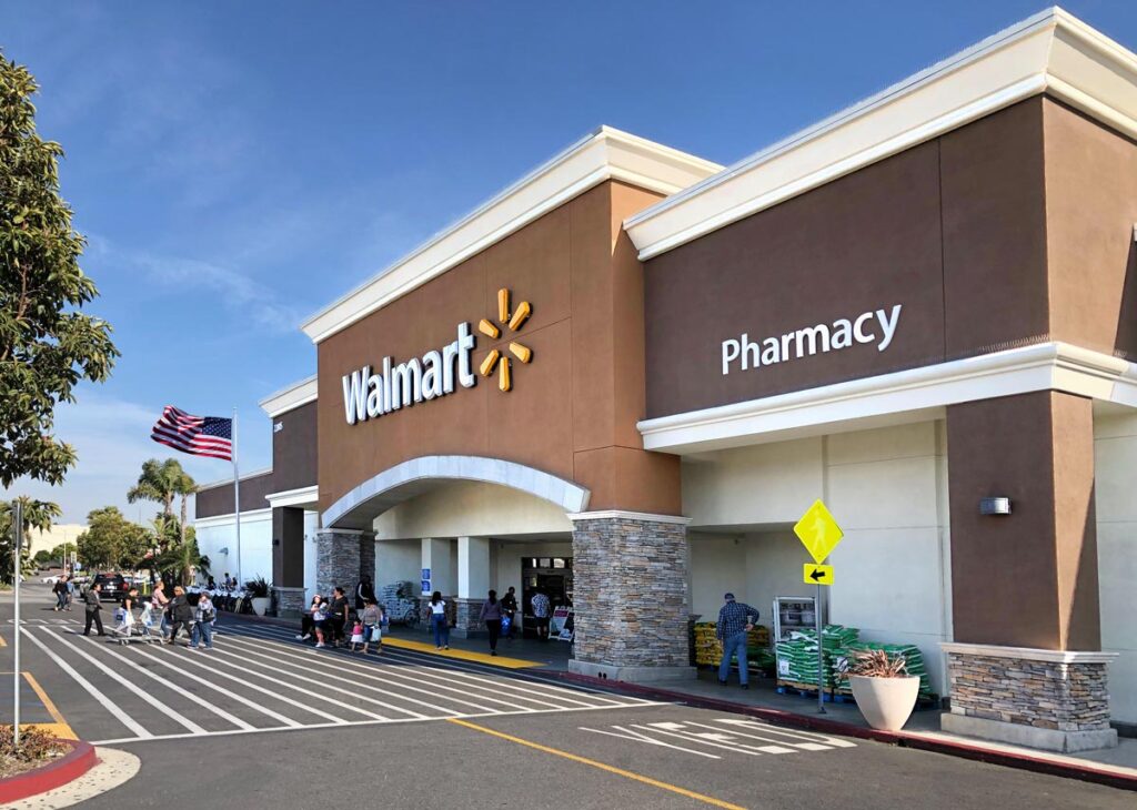 Exterior of a Walmart store on a sunny day, representing a Walmart overtime class action lawsuit.