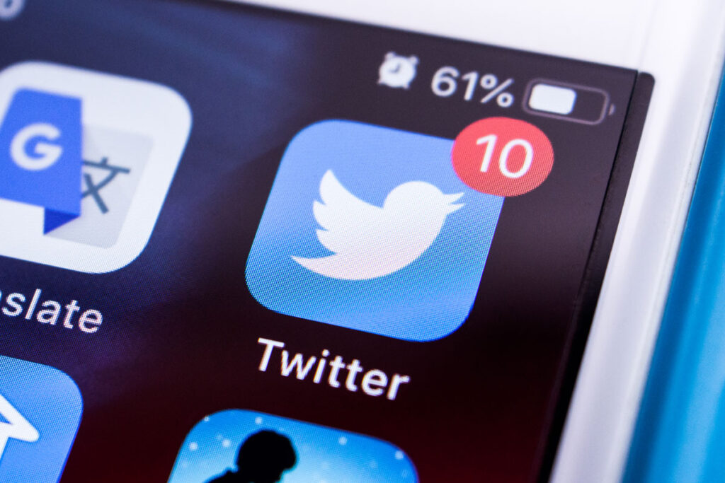 Close up of the Twitter app icon displayed on a smartphone screen.
