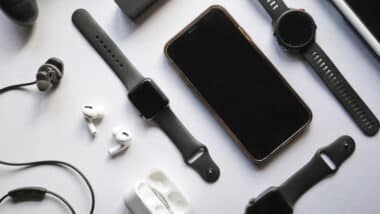 Various electronic devices a white backdrop.