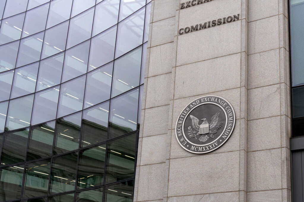 U.S. Securities and Exchange Commission (SEC) seal on the building in Washington DC.
