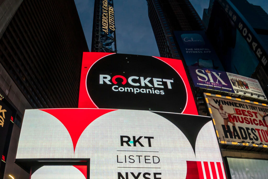 Close up of Rocket Mortgage logo on display in Times Square, New York.