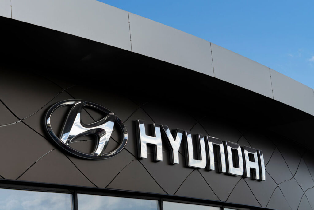 Close up Hyundai dealership signage.