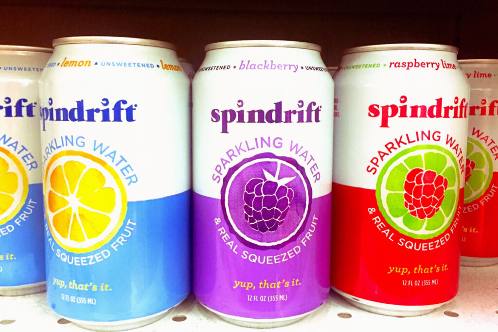 Close up of various Spindrift products on a grocery store shelf, representing the Spindrift class action.