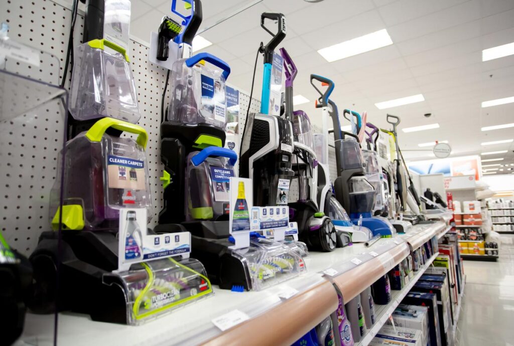 Various Bissell vaccuums for sale at a store.