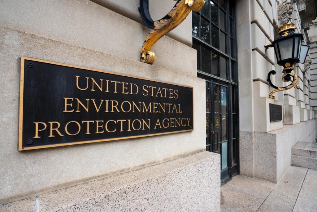 Closeup of the sign seen at one of the entrances to the U.S. Environmental Protection Agency (EPA) Headquarters.