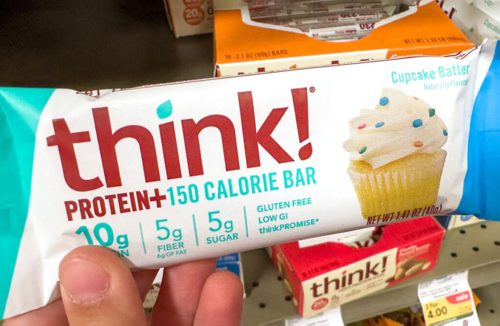 Close up of a Think protein bar.
