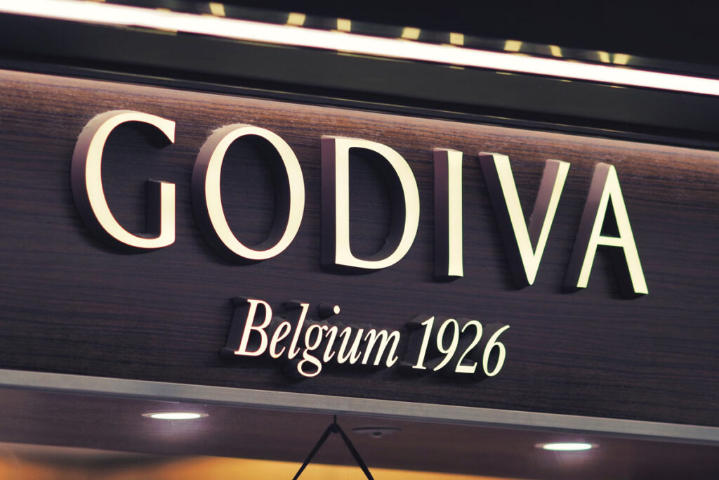 Close up of Godiva signage - Godiva dark chocolate
