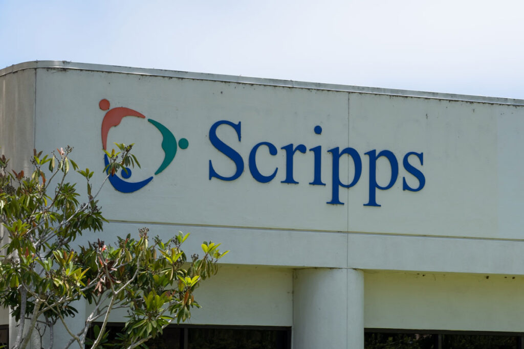 Close up of Scripps sign on the building, representing the Scripps data breach class action lawsuit settlement.