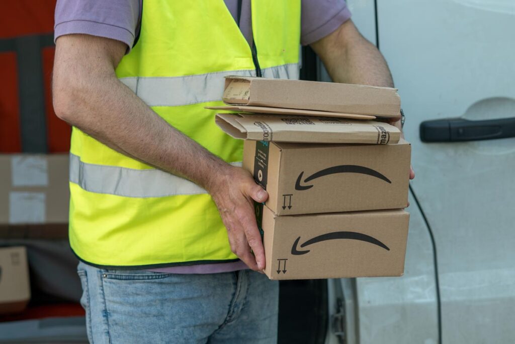 Cropped image of an Amazon Prime delivery man during a work shift.