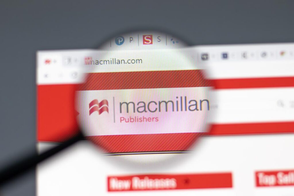 Macmillan Publishers website in browser with company logo, representing a class action lawsuit.