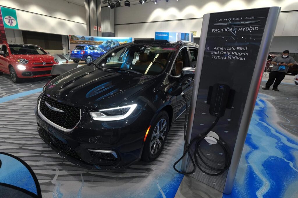 A Chrysler Pacifica Hybrid vehicle is displayed at the 2021 LA Auto Show media day in Los Angeles.