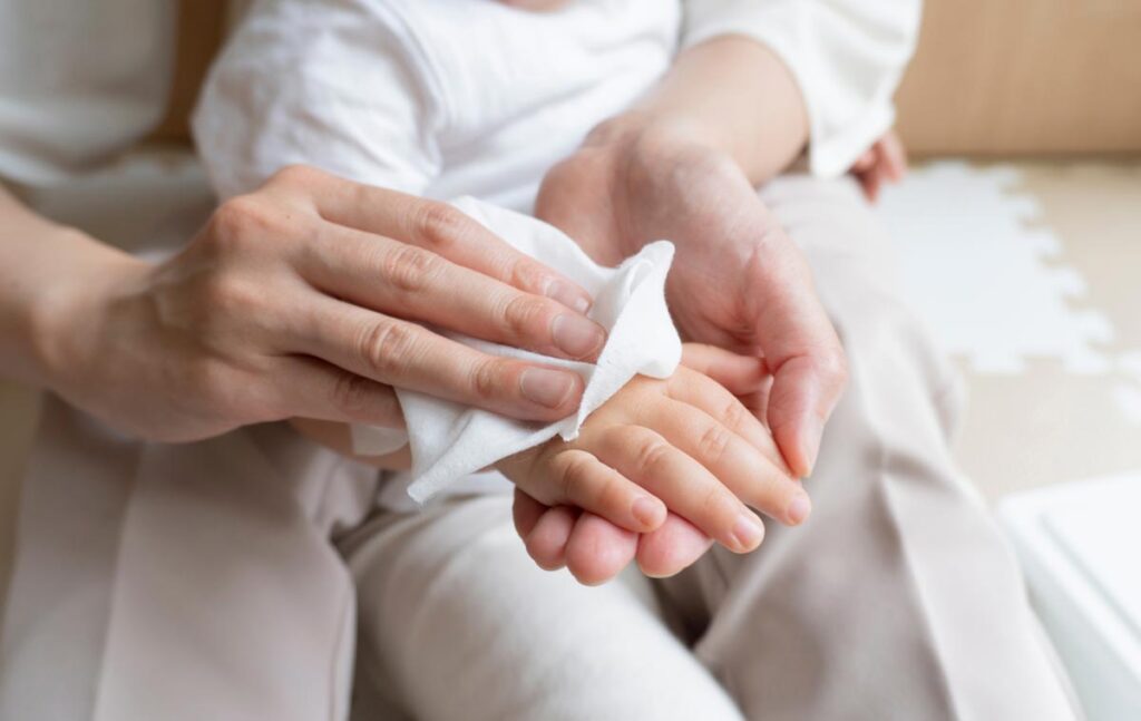 A women wipes baby's arm with wet tissue, representing the WaterWipes biodegradable products class action.