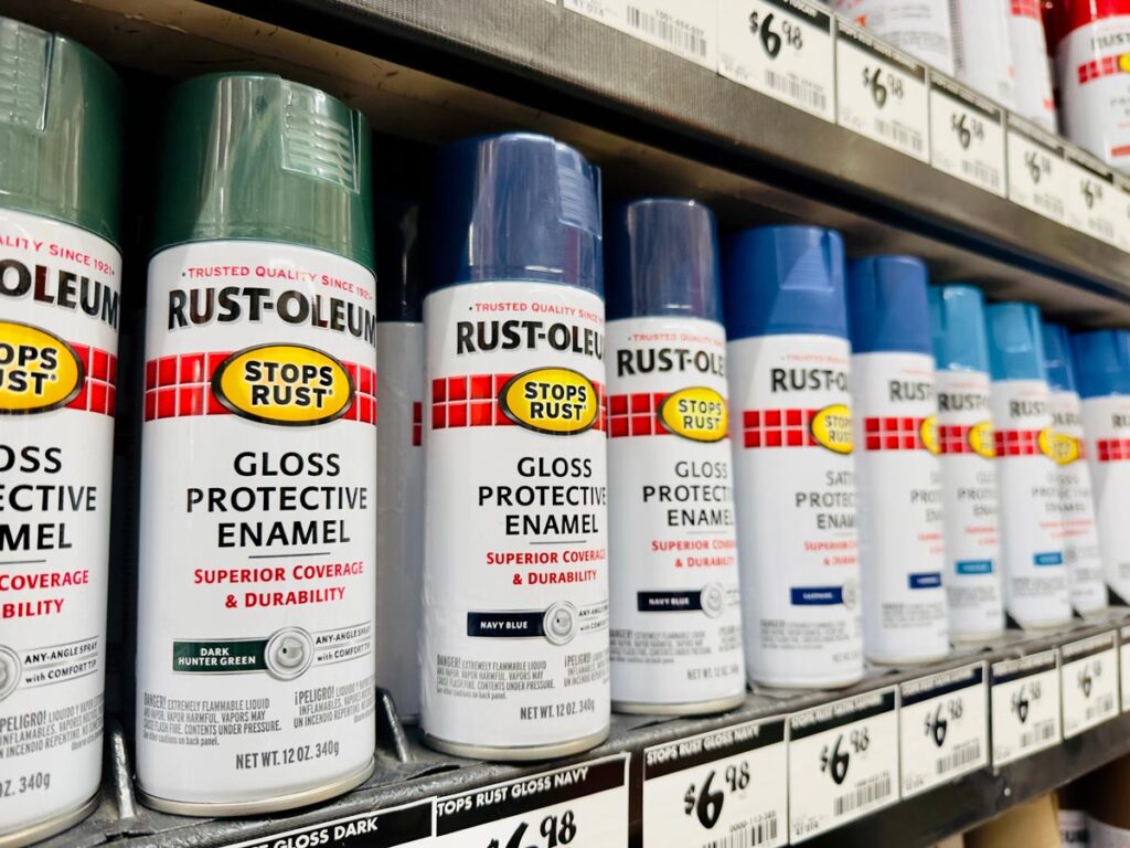 Rust-Oleum products on a grocery store shelf.