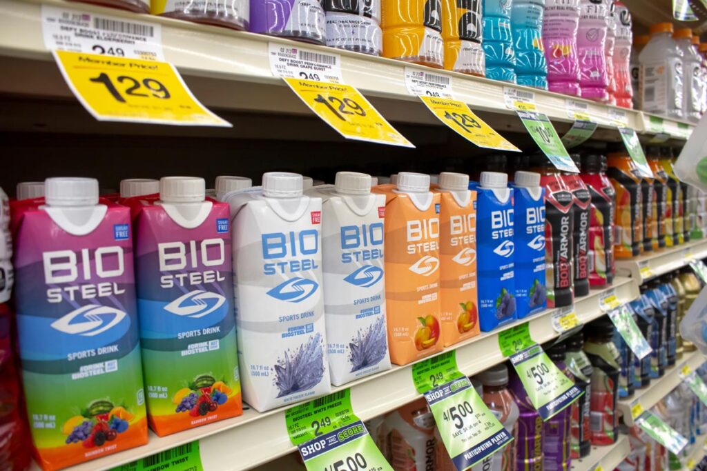 A view of several cartons of BioSteel sports drinks, on display at a local grocery store.