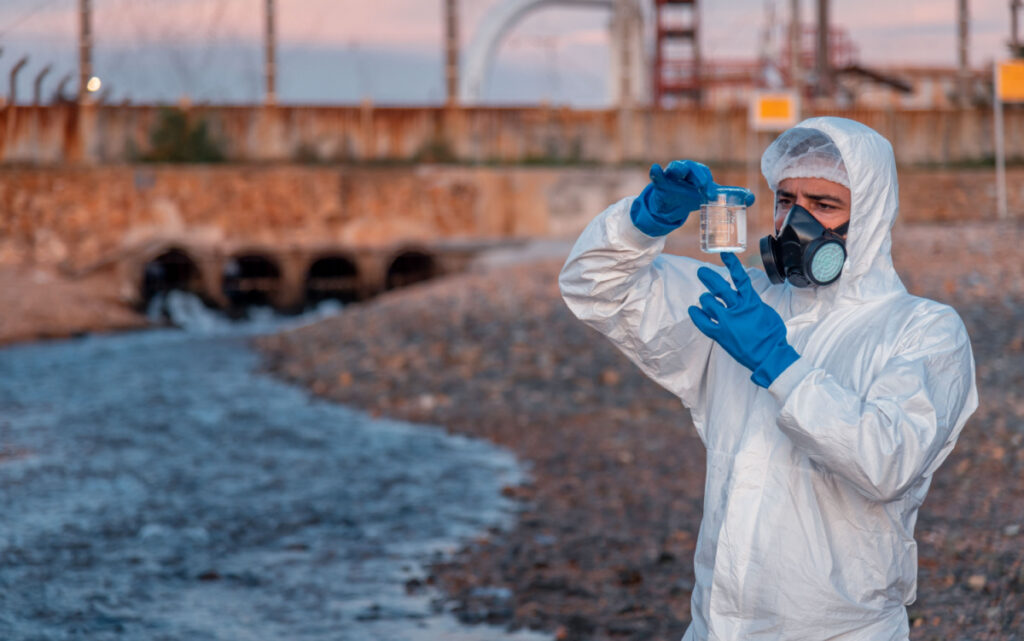 Man in biohazard suit testing water, representing the EPA telling Norfolk Southern to test for toxic pollutants following the East Palestine, O