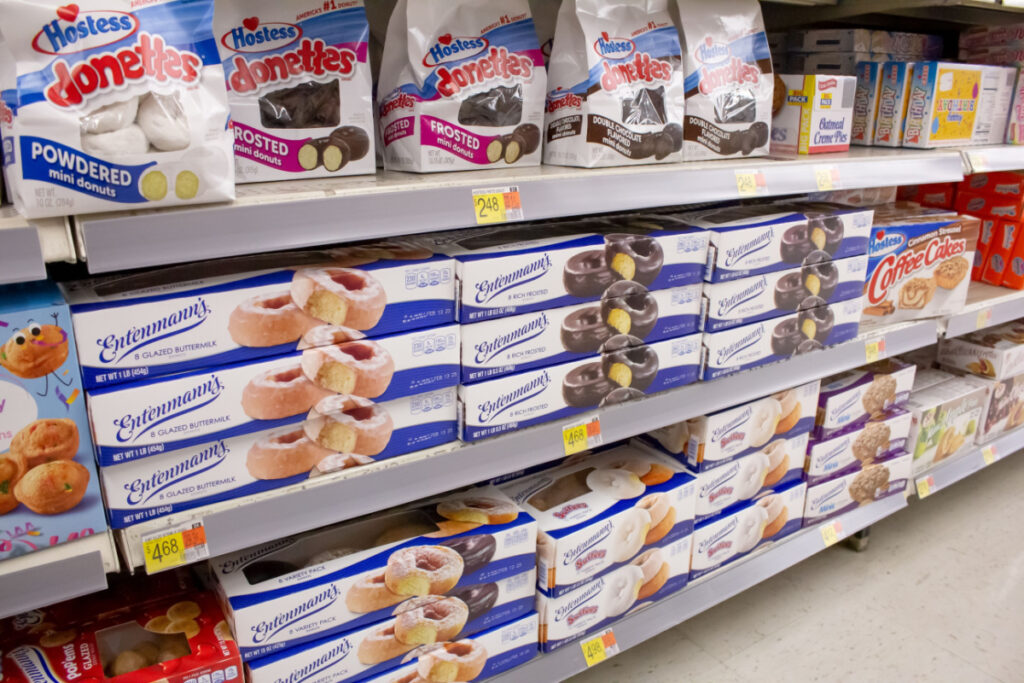 Boxes of Entenmann’s cakes on store shelf