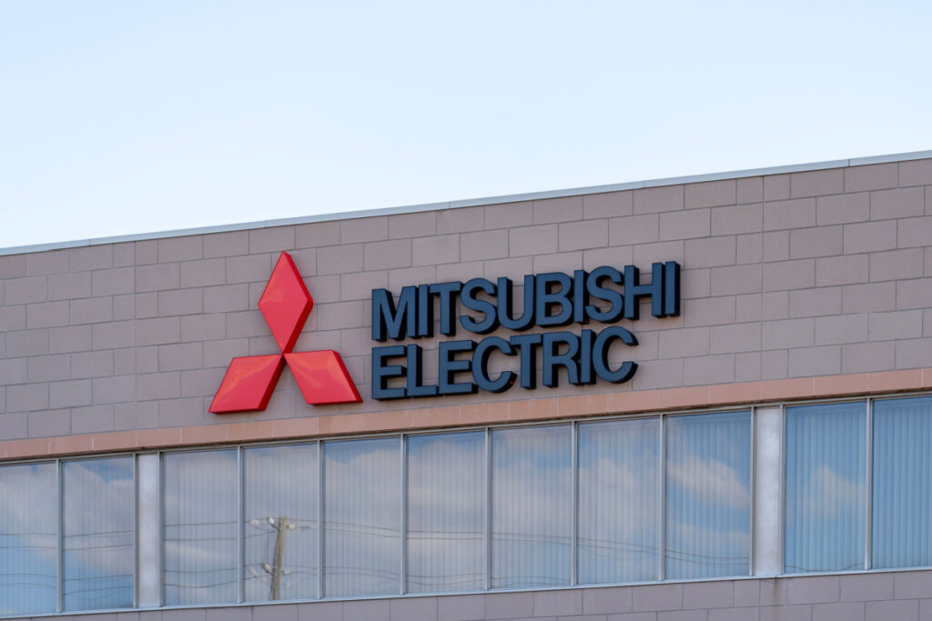 Mitsubishi Electric sign on building representing the Mitsubishi CRT antitrust class action lawsuit settlement.