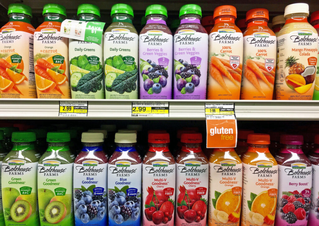 Bolthouse Farms juice lined up on store shelves.