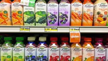 Bolthouse Farms juice lined up on store shelves.