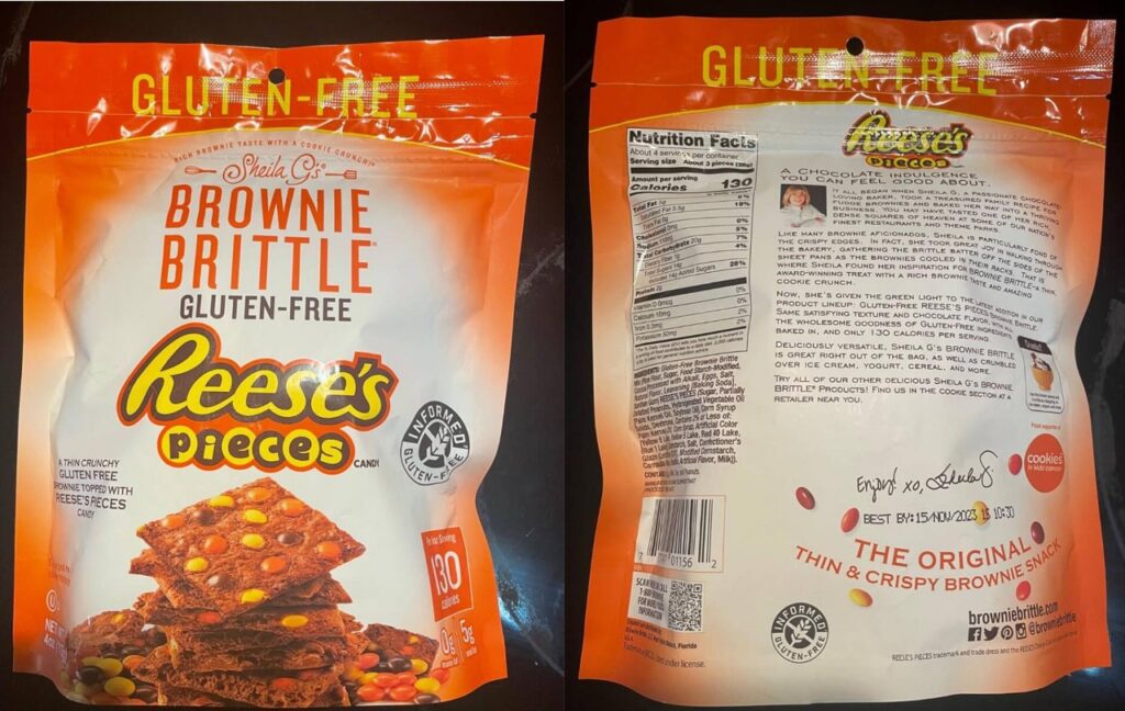 Bag of recalled Reese's brittle front and back, representing the Second Nature Brands brownie brittle recall