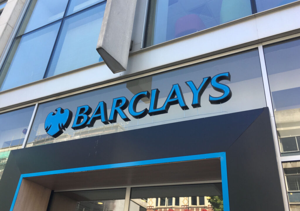 Barclays sign outside building front entrance